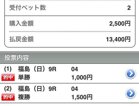 福島9レース　ブルガアルタ　13,400円