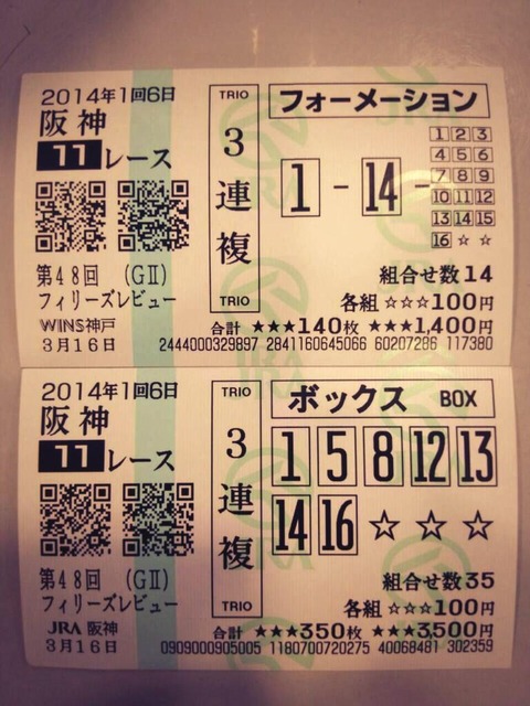 阪神11R　三連複　253310×2=506620円