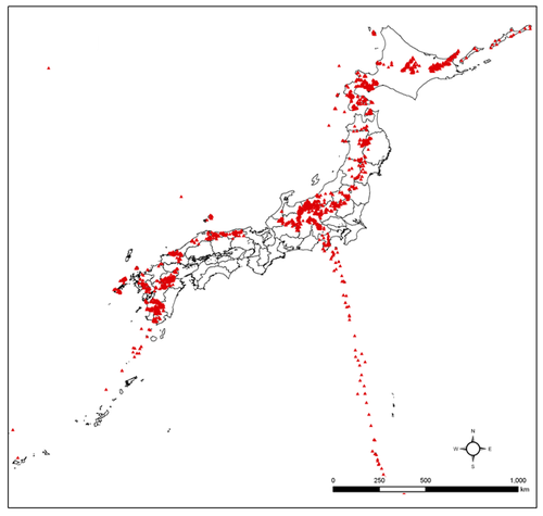 日本の火山分布図