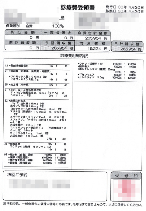 採卵1回目領収書20180420