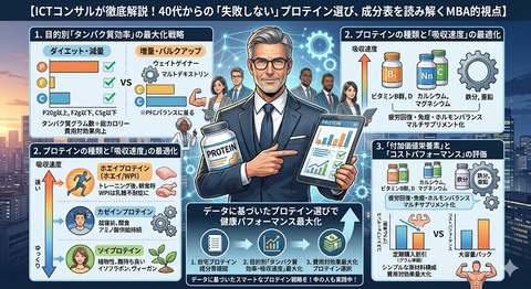 【ICTコンサルが徹底解説！40代からの「失敗しない」プロテイン選び、成分表を読み解くMBA的視点】