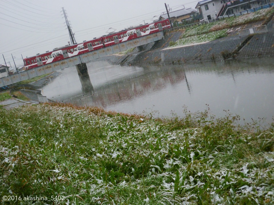 雪降る坂川を渡る「あかぎ」