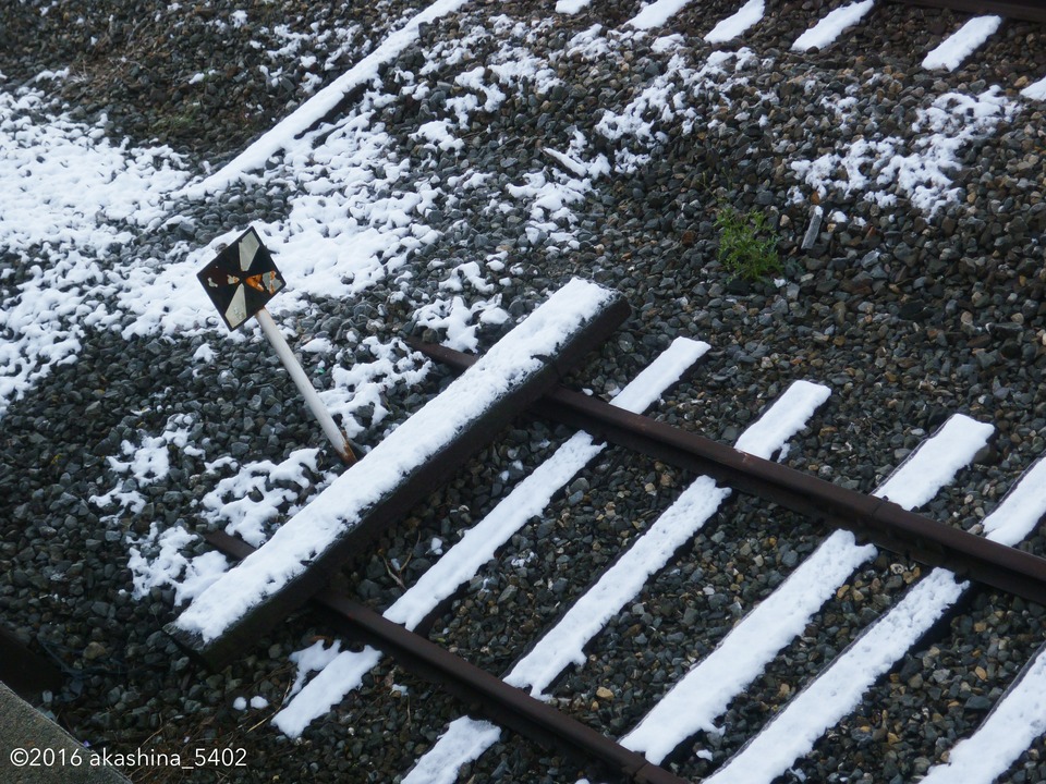 雪が残る車止め付近