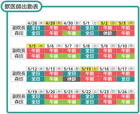獣医師出勤表5月