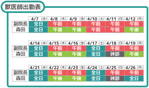 獣医師出勤表4月上中旬