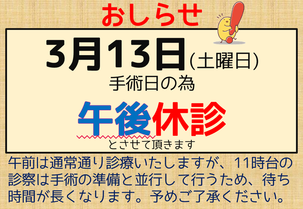 3月13日 土曜日 は集中手術日の為 午後の診察をお休みいたします めふ動物病院週報