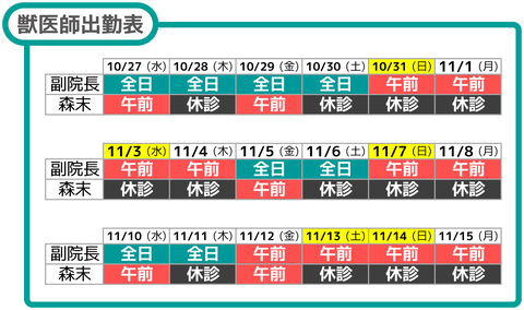 獣医師出勤表11月3行