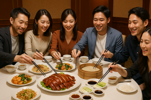 北京ダックを食べるAMサロンメンバー