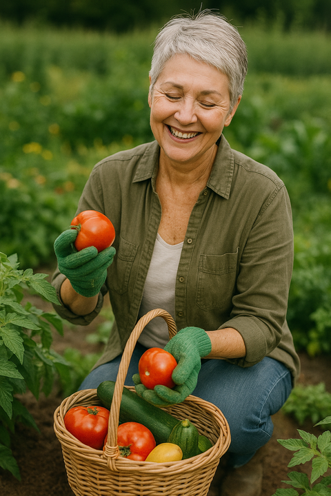 空き家の庭で野菜を育てて収穫する女性