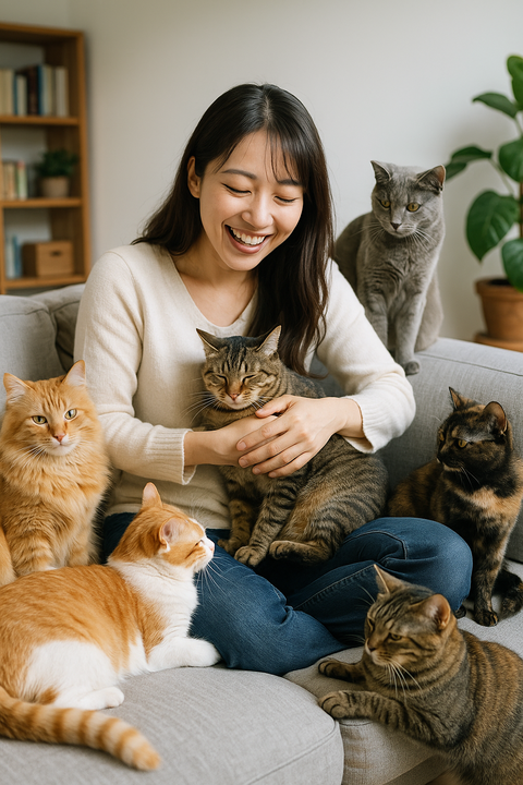 空き家で猫と戯れる女性