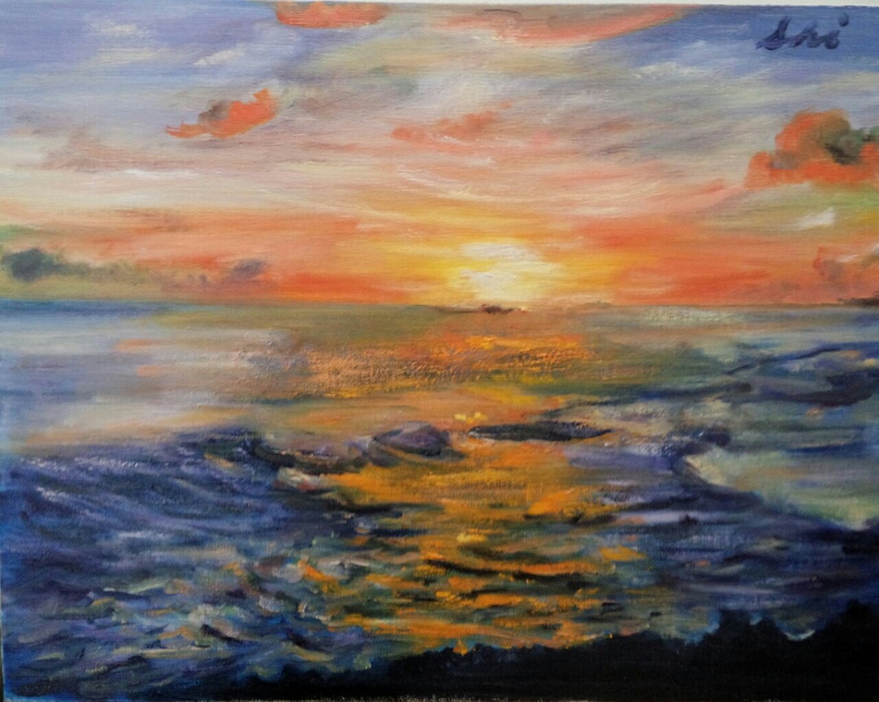油絵 絵画  夕日の海 【A4】