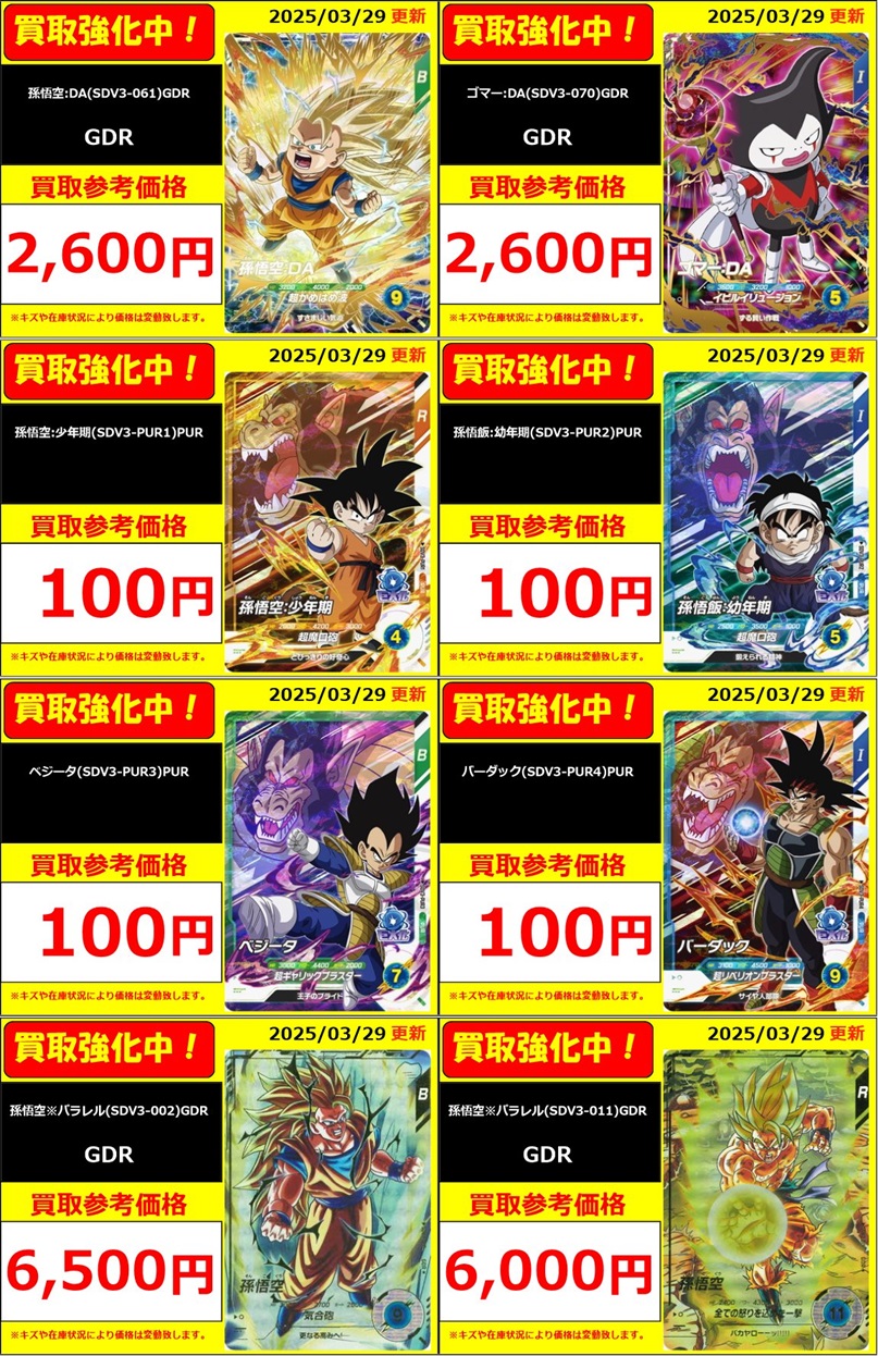 DBSDV3弾 発売4日目のメルカリ・買取相場 (前回との価格比較 DBSDV3弾 発売4日目のメルカリ・買取相場 (前回との価格比較