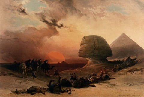 Jacob Jacobs Sandstorm approaching the sphinx at Gîza at sunset