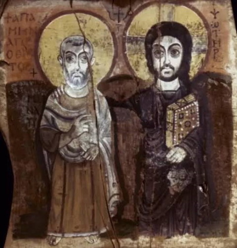 CHRIST and abbot Mena. Painting on wood, 7th