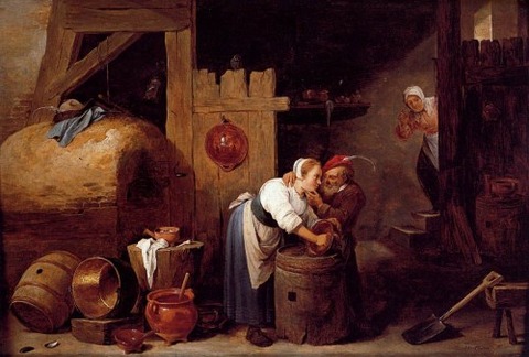 woman scrubbing pots man makes advances David Teniers Younger