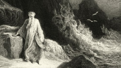 A typical 19th depiction of Merlin by his cave at Tintagel