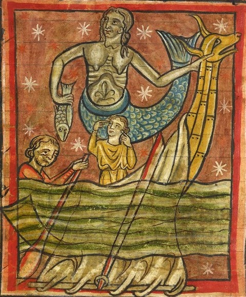 siren enticing sailors who try to resist English Bestiary 1235