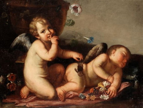 Roman School 18th putto holding crab beside sleeping putto