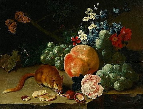 Johann Amadeus Wink Still Life with Mouse Fruit Flowers 18th