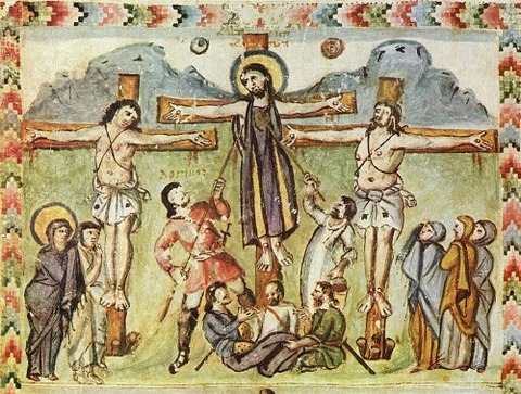 Crucifixion miniature, Rabula Gospels legend Loginos