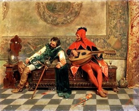 Drunk Warrior and Court Jester, Italian Painting of 19th