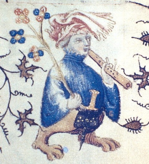 Grotesque flutist, French illuminated 1408