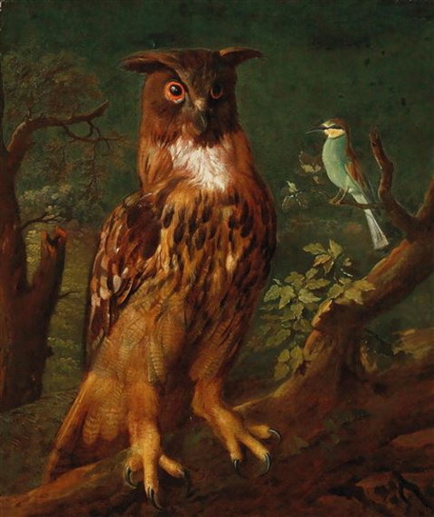 An Eagle Owl and an European Roller German School
