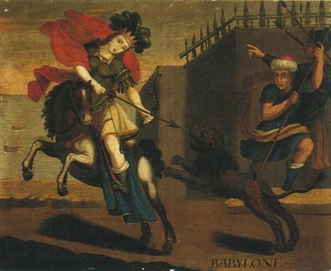 Cuzco School Babylone Semiramis hunts a lion on horseback 17th