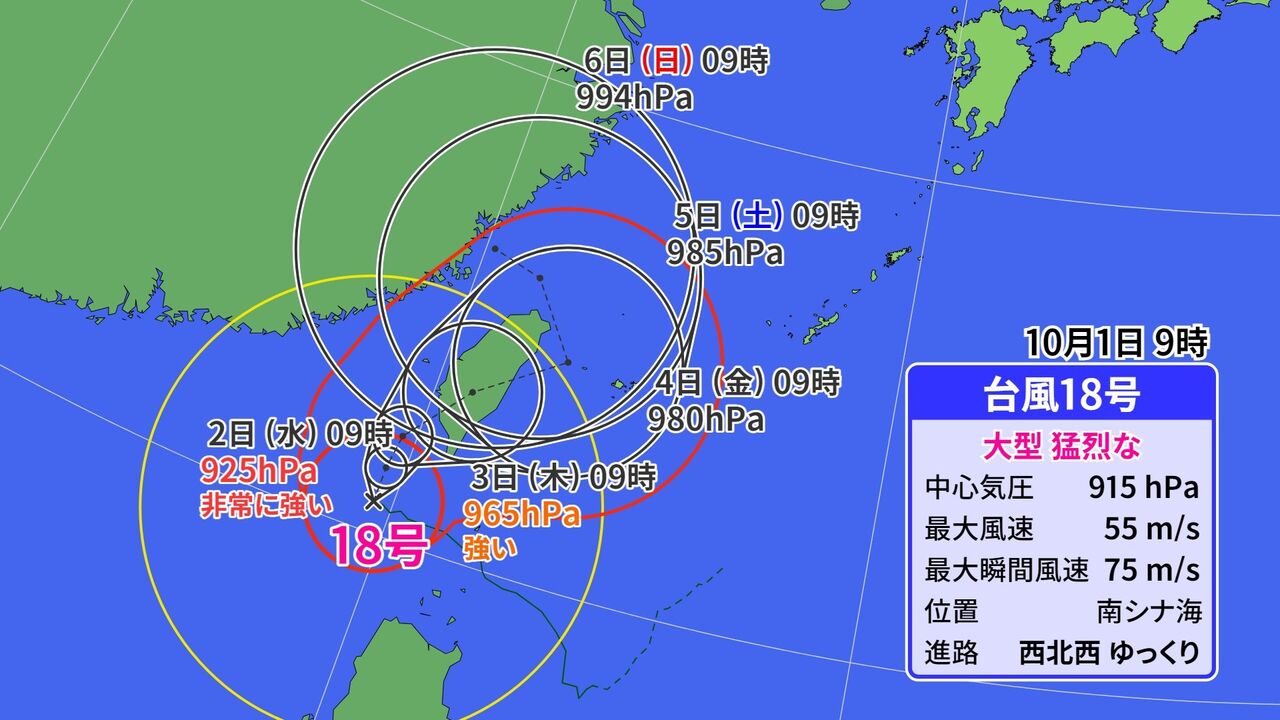 非常に強い台風18号が台湾に停滞中：今後の展望と警戒事項