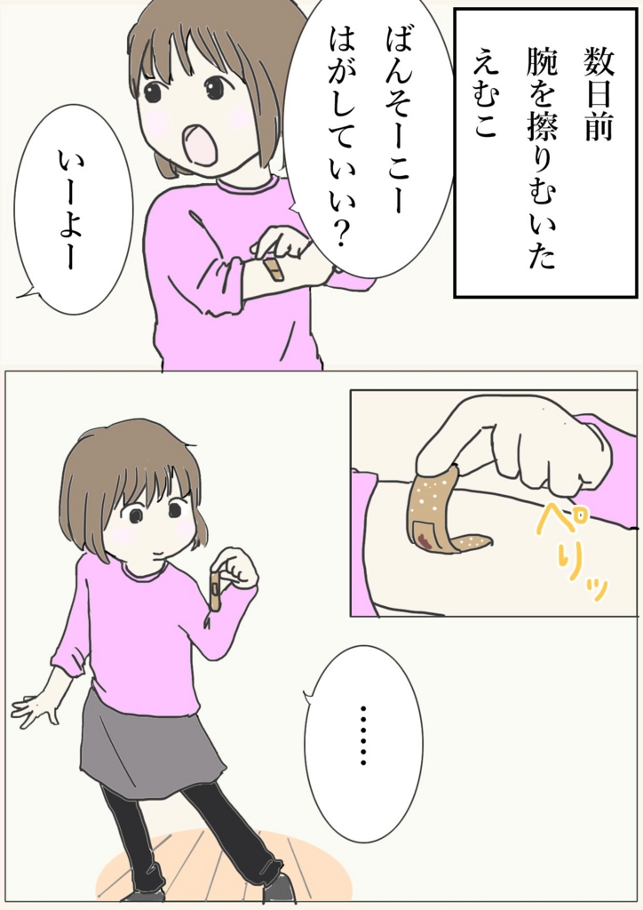 f:id:mshimfujin:20161203051033j:plain 数日前、腕を擦りむいたえむこ。お母さん、絆創膏はがして良いー?いいよー。