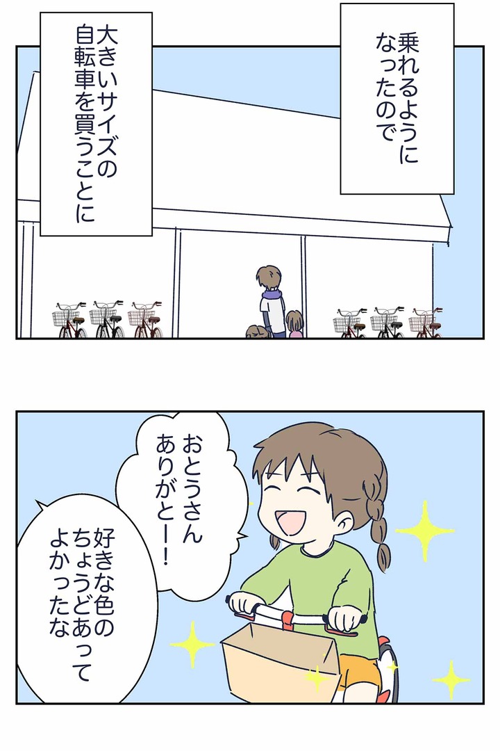 新しい自転車、大切にしてね→分かった。大切にする。その結果