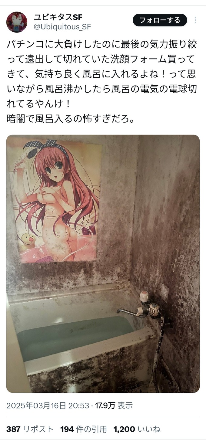 【激閲覧注意】カードゲーマーさん、ホラーゲームに使えそうなレベルの自宅の風呂を全世界に公開