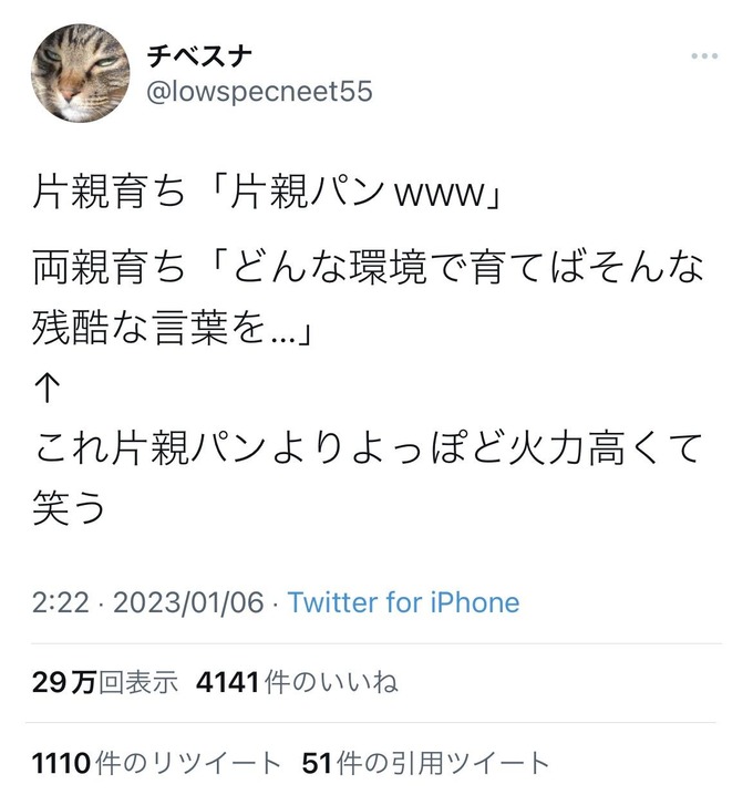 片親育ち「片親パンｗｗｗ」両親育ち「どんな環境で育てばそんな残酷な言葉が思い浮かぶんだろう…」