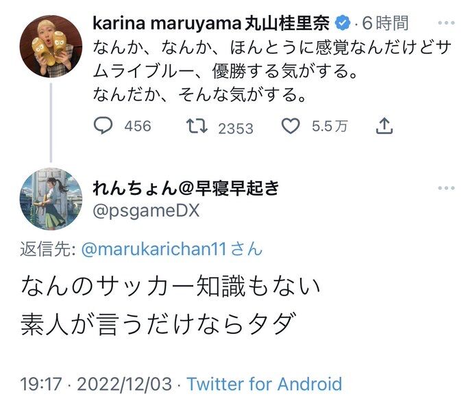 丸山桂里奈「ワールドカップ優勝するような気がする」→ Twitter民「知識のない素人のくせに（笑）」