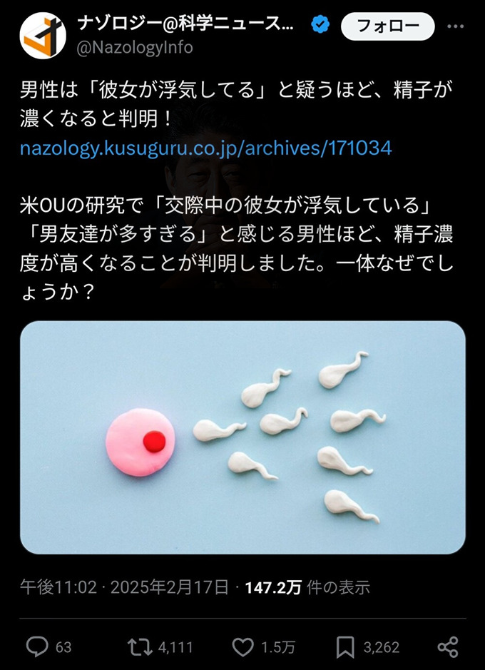 【朗報】男さん、彼女が浮気してると疑うほど精子が濃くなると判明