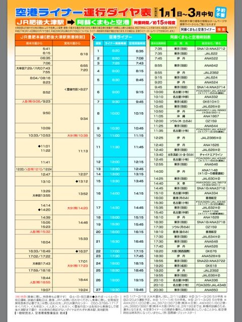 空港ライナーの時刻表16年1月 道の駅大津 つーしん 熊本県 空港ライナーの時刻表16年1月 道の駅大津 つーしん 熊本県