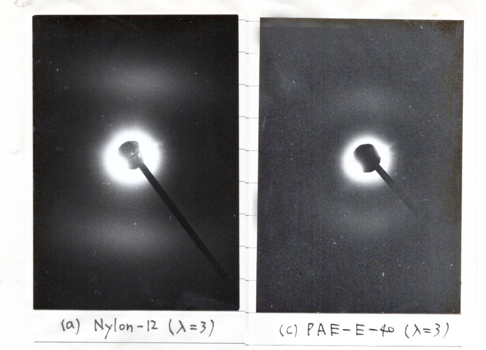 [2404] 強力X線源を用いた小角X線散乱装置による高分子構造の研究 35．ﾅｲﾛﾝ12及びﾎﾟﾘｱﾐﾄﾞｴｰﾃﾙ（2）延伸膜の小角X線散乱図 高分子ミクロの世界