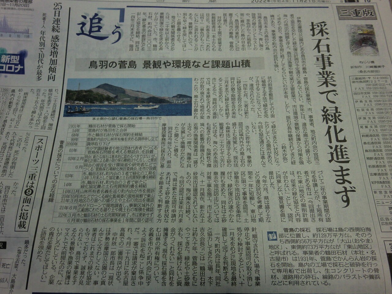 鳥羽採石,22/11/21中日新聞三重版