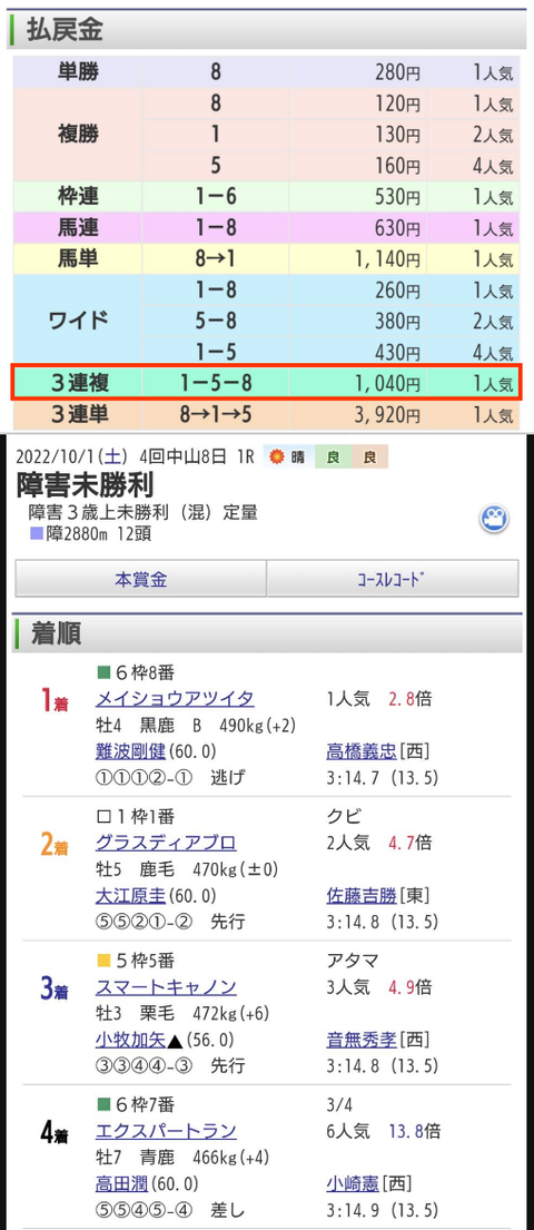 中山1Rの結果