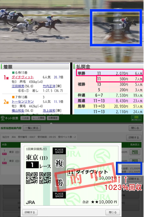 2月2日ダイチヴィット号優勝!回収1023%