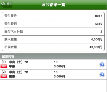 土曜・中山7R的中馬券