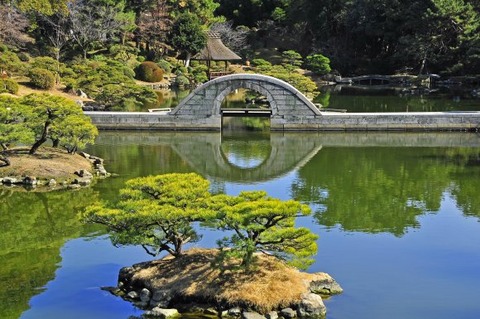 尾道に先んじて広島で桜開花宣言の縮景園の池と橋の写真
