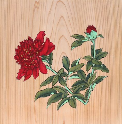 円形の水墨画 赤い花 円形の水墨画 赤い花（彩墨画「紅葉」 福田勝司筆 | 水墨画・達