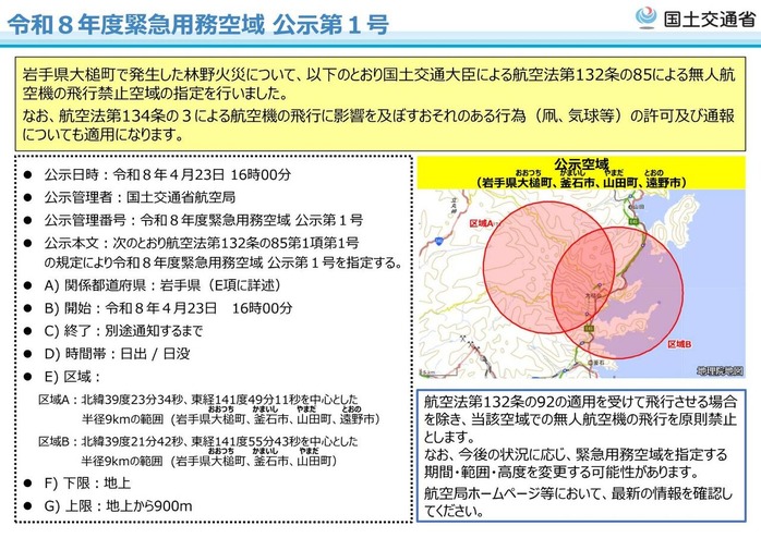 緊急用務空域　公示(R8岩手県)