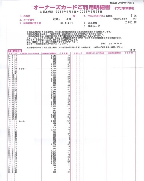 イオンオーナーズカード利用明細