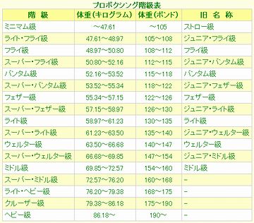 プロボクシングの階級表