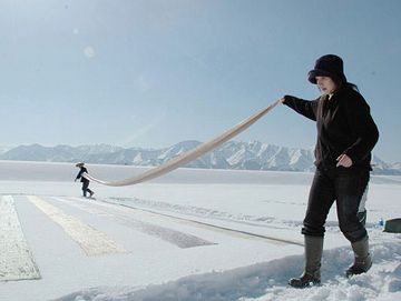 一冬かけて織りあげた反物を、雪に晒す