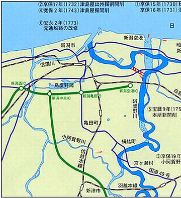 真西に方向を変えてた阿賀野川:今との比較