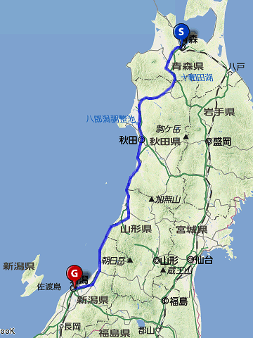 青森→秋田【奥羽本線】秋田→新発田【羽越本線】新発田→新潟【白新線】。乗車距離、458.8km。鈍行列車だと、9時間半かかります。