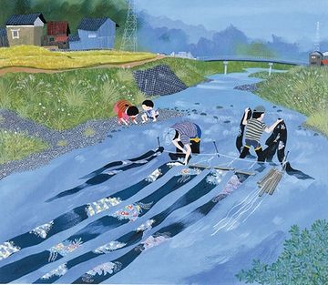 原田泰治『友禅流し』